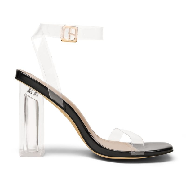 Square Toe Clear Chunky Heel Sandals - BLACK CLEAR - 2